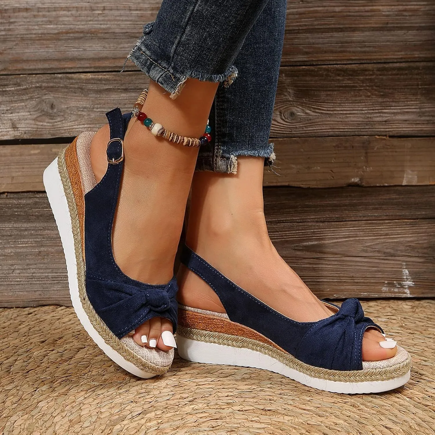 Espadrilles Wedge Sandals for Women, Women's Open Toe Platform Wedges Heels Summer Dressy Shoes Comfortable Ankle Strap Low Heel Canvas Bow Dress Sandals
