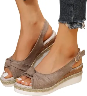 Espadrilles Wedge Sandals for Women, Women's Open Toe Platform Wedges Heels Summer Dressy Shoes Comfortable Ankle Strap Low Heel Canvas Bow Dress Sandals