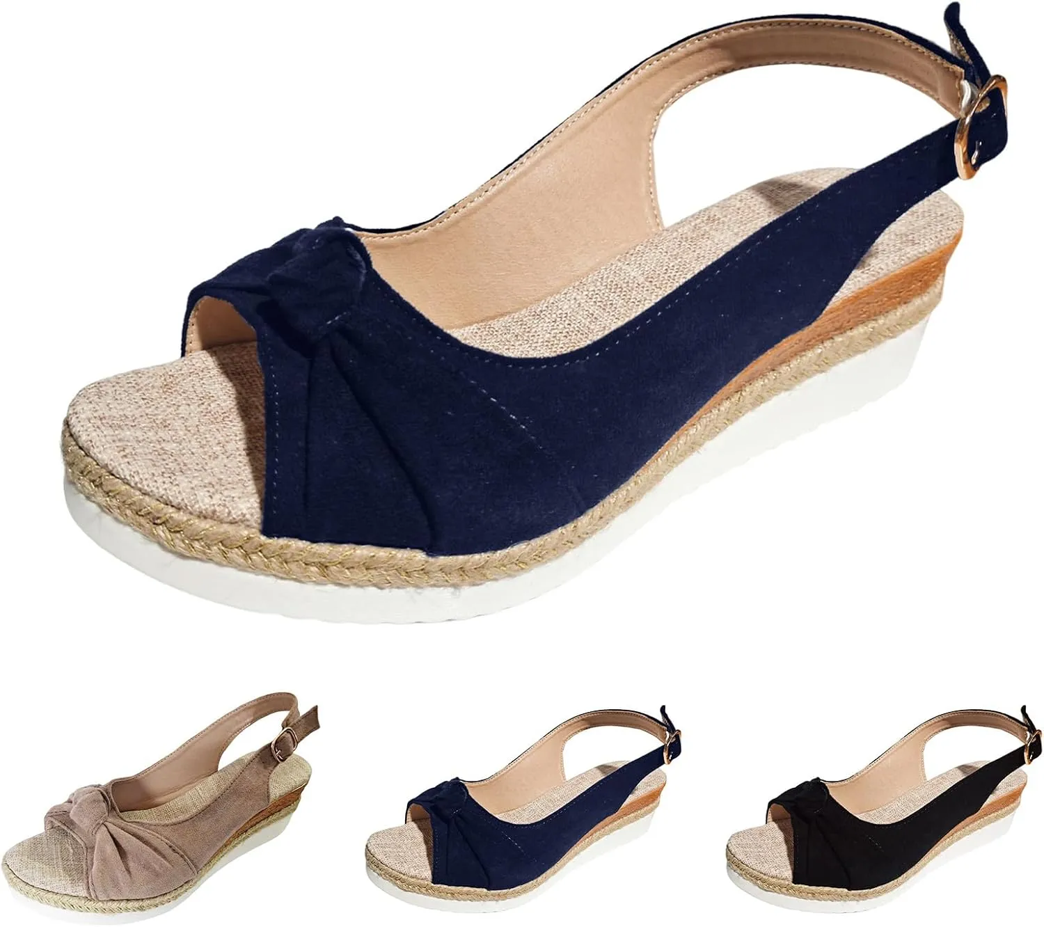 Espadrilles Wedge Sandals for Women, Women's Open Toe Platform Wedges Heels Summer Dressy Shoes Comfortable Ankle Strap Low Heel Canvas Bow Dress Sandals