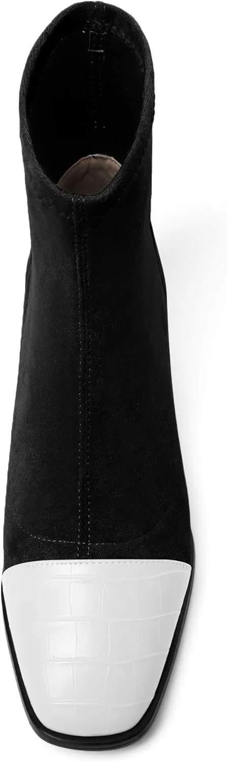 Esvowido Women's Ankle Boots Cap Toe Heels Square Toe Two Toned Block Low Heel Booties Slip on Suede Faux Crocodile Winter Boots
