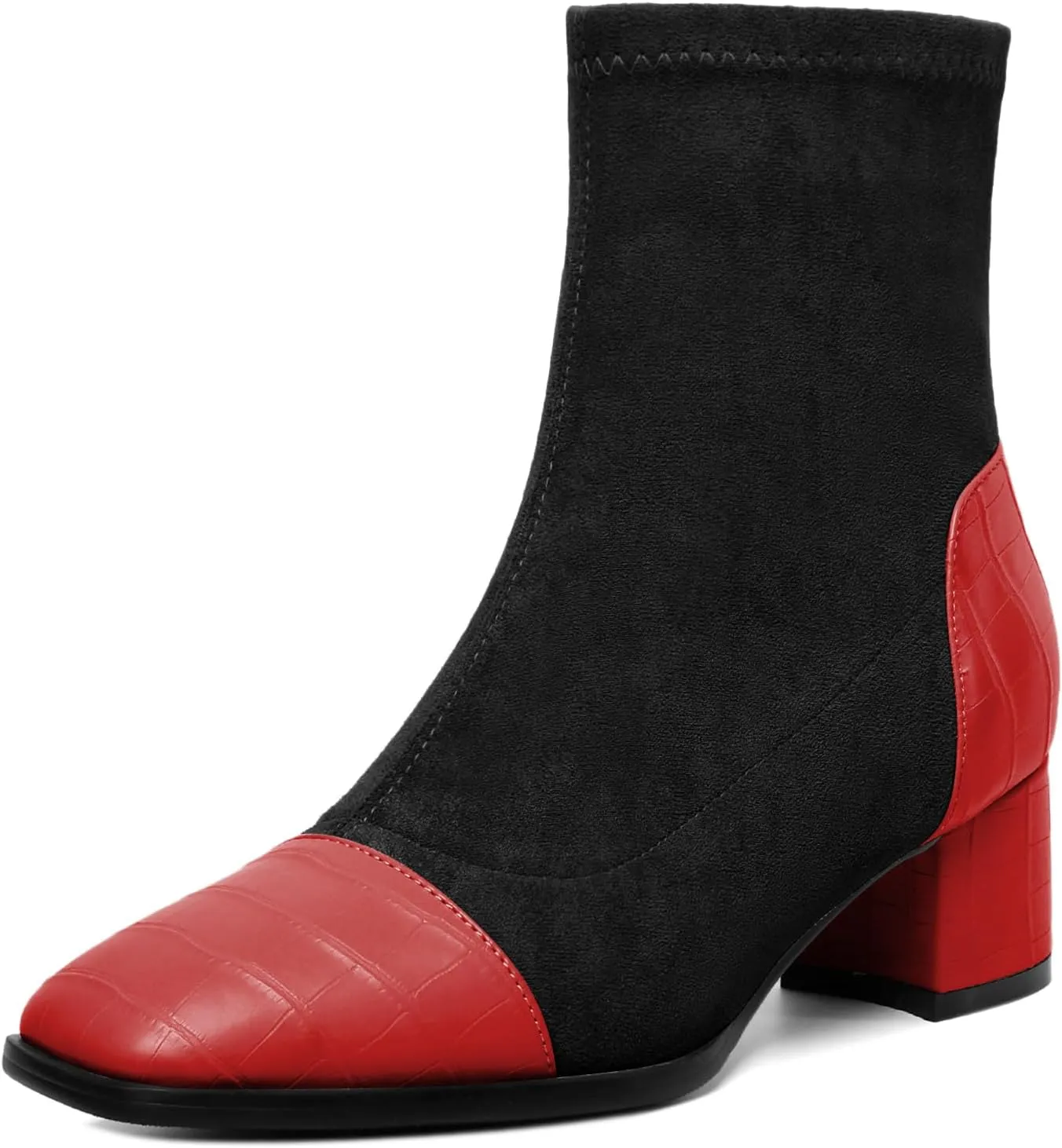 Esvowido Women's Ankle Boots Cap Toe Heels Square Toe Two Toned Block Low Heel Booties Slip on Suede Faux Crocodile Winter Boots