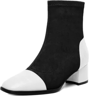 Esvowido Women's Ankle Boots Cap Toe Heels Square Toe Two Toned Block Low Heel Booties Slip on Suede Faux Crocodile Winter Boots
