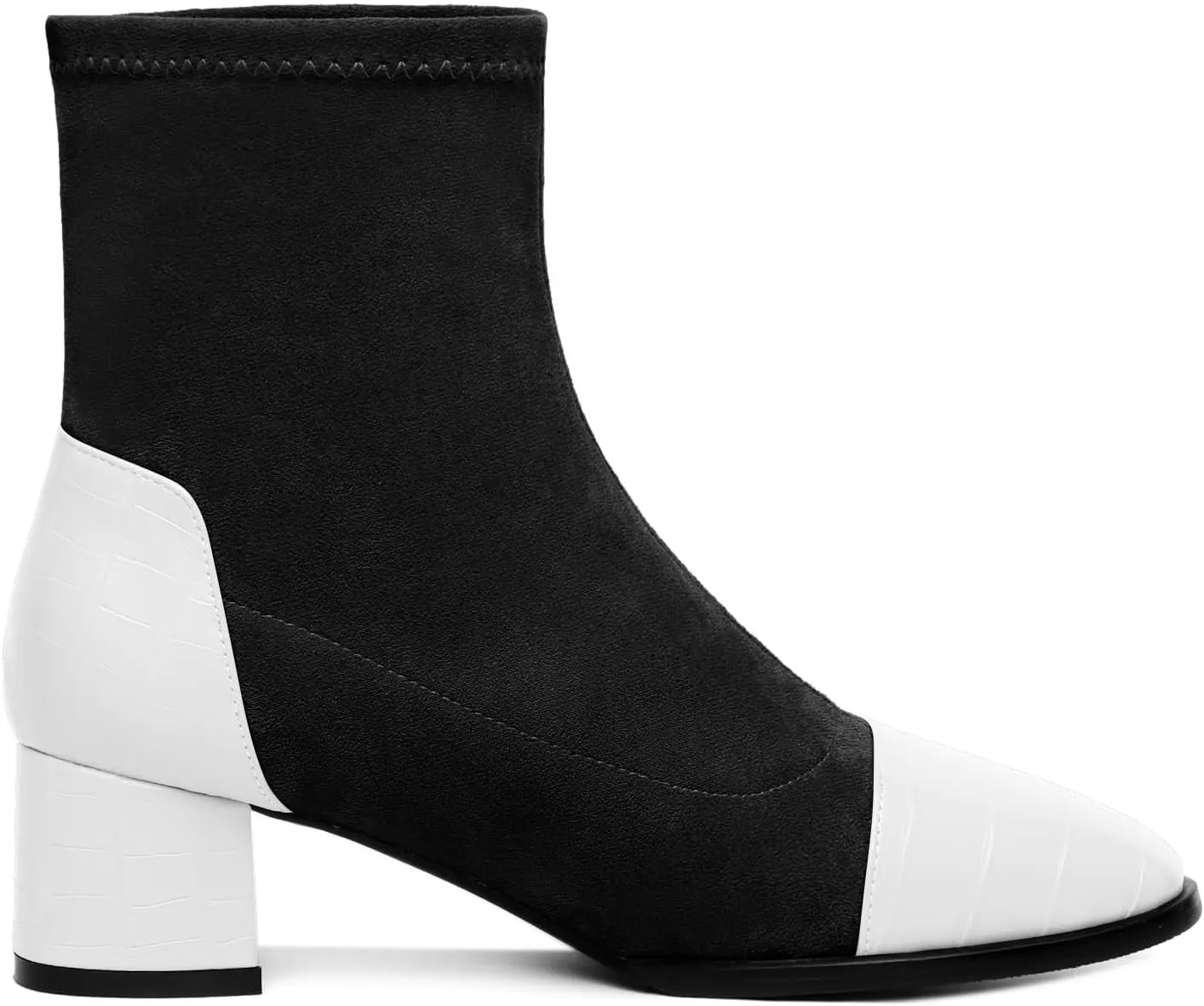 Esvowido Women's Ankle Boots Cap Toe Heels Square Toe Two Toned Block Low Heel Booties Slip on Suede Faux Crocodile Winter Boots