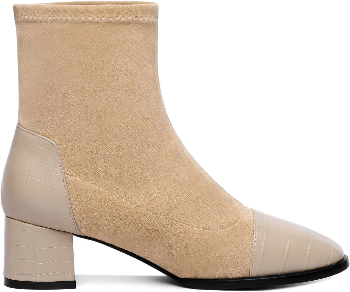 Esvowido Women's Ankle Boots Cap Toe Heels Square Toe Two Toned Block Low Heel Booties Slip on Suede Faux Crocodile Winter Boots