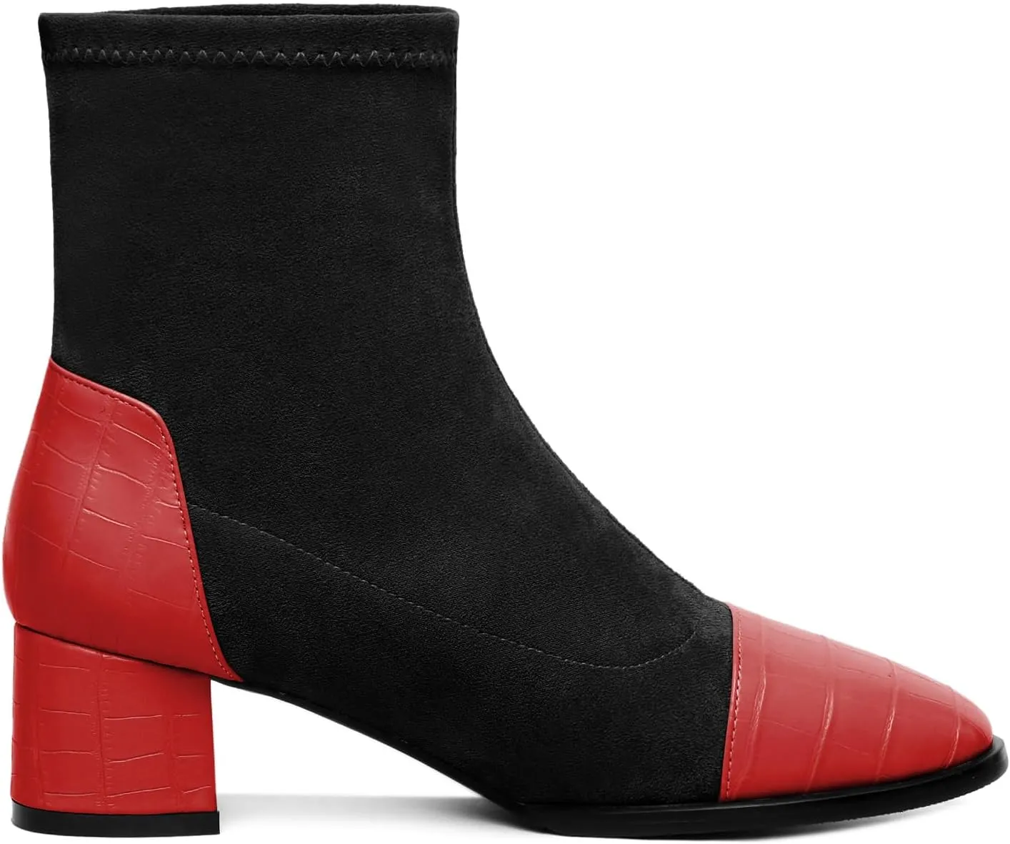 Esvowido Women's Ankle Boots Cap Toe Heels Square Toe Two Toned Block Low Heel Booties Slip on Suede Faux Crocodile Winter Boots