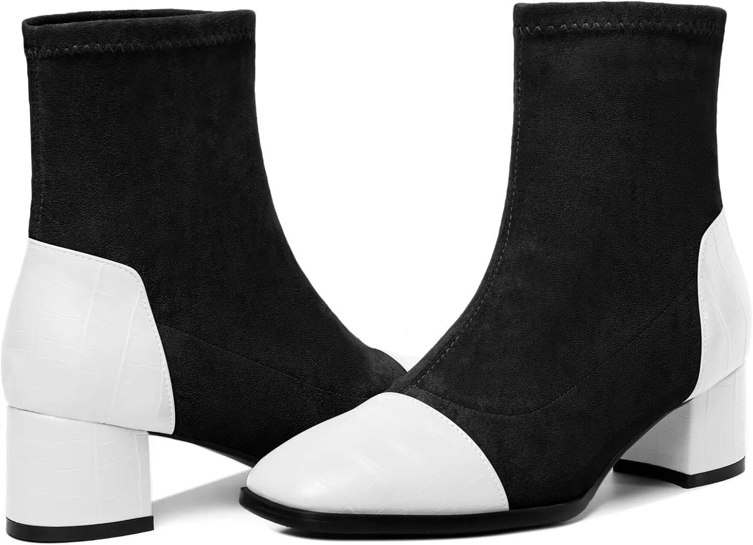 Esvowido Women's Ankle Boots Cap Toe Heels Square Toe Two Toned Block Low Heel Booties Slip on Suede Faux Crocodile Winter Boots