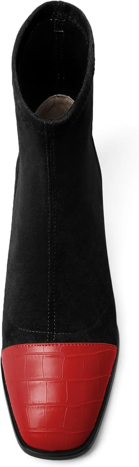 Esvowido Women's Ankle Boots Cap Toe Heels Square Toe Two Toned Block Low Heel Booties Slip on Suede Faux Crocodile Winter Boots