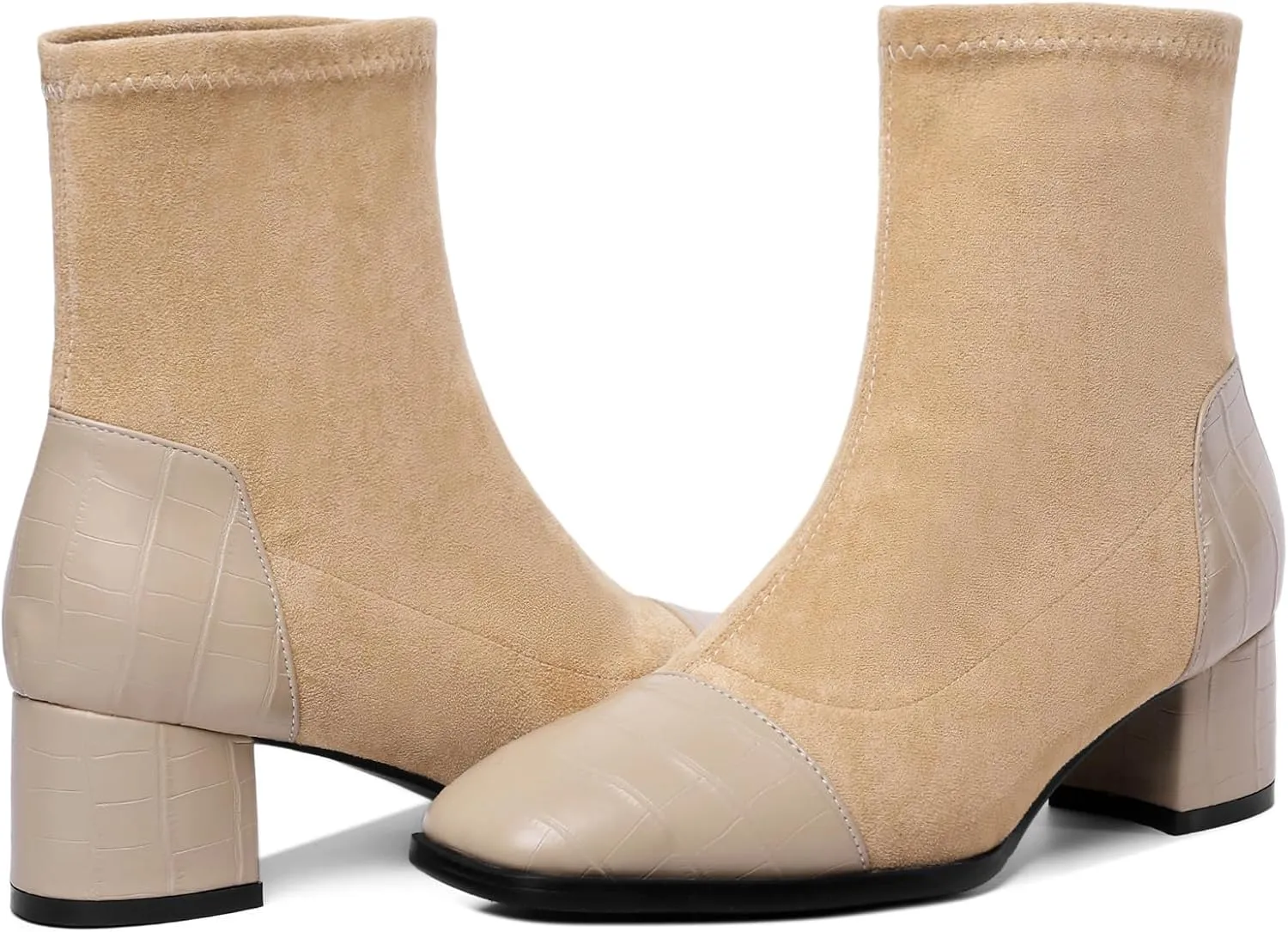Esvowido Women's Ankle Boots Cap Toe Heels Square Toe Two Toned Block Low Heel Booties Slip on Suede Faux Crocodile Winter Boots