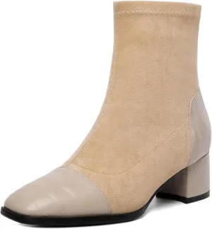 Esvowido Women's Ankle Boots Cap Toe Heels Square Toe Two Toned Block Low Heel Booties Slip on Suede Faux Crocodile Winter Boots