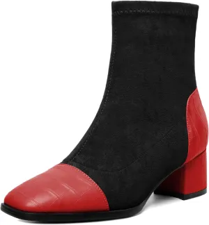 Esvowido Women's Ankle Boots Cap Toe Heels Square Toe Two Toned Block Low Heel Booties Slip on Suede Faux Crocodile Winter Boots
