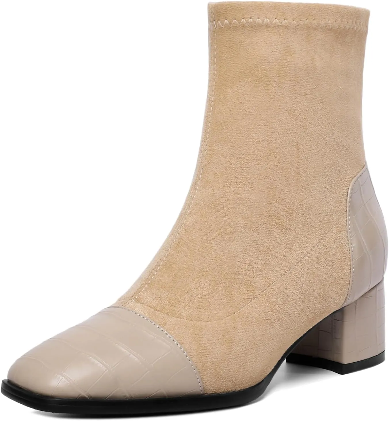 Esvowido Women's Ankle Boots Cap Toe Heels Square Toe Two Toned Block Low Heel Booties Slip on Suede Faux Crocodile Winter Boots