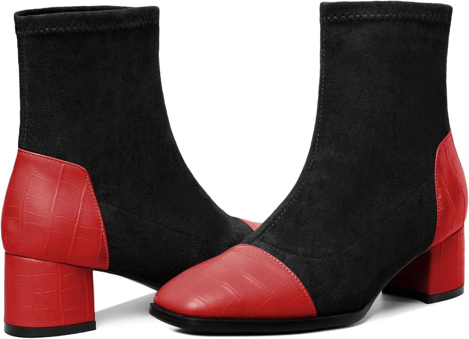 Esvowido Women's Ankle Boots Cap Toe Heels Square Toe Two Toned Block Low Heel Booties Slip on Suede Faux Crocodile Winter Boots