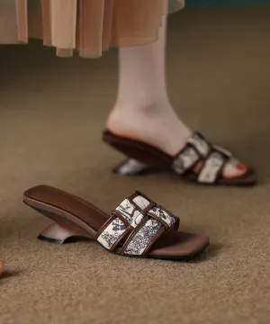 Fashion Brown Splicing Wedge Slide Sandals Peep Toe