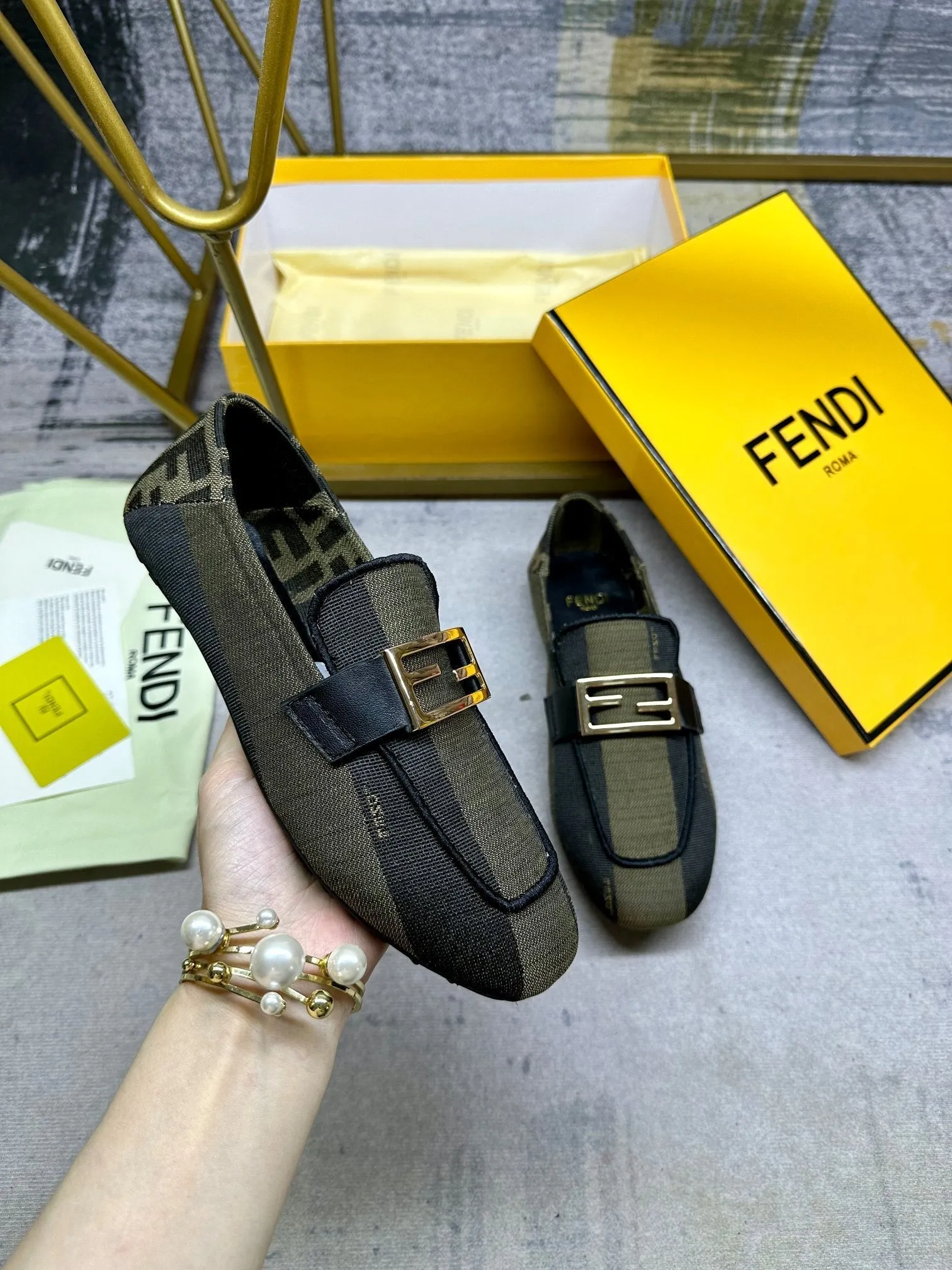 FENDI LOAFERS Stylish Client-focused service CANVAS GOLD MIX GREEN IN FENDI OLIVE BAGUETTE HARDWARE BLACK