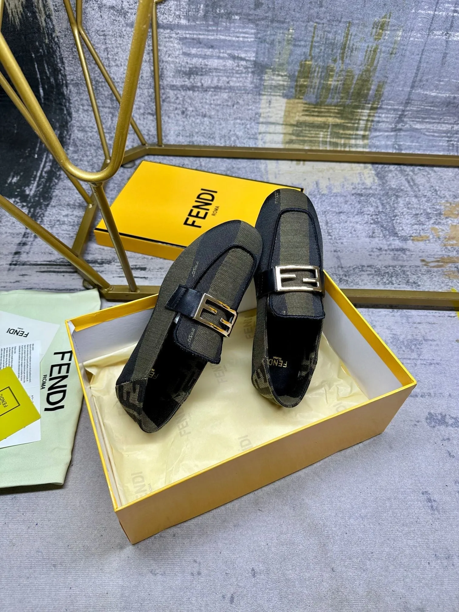FENDI LOAFERS Stylish Client-focused service CANVAS GOLD MIX GREEN IN FENDI OLIVE BAGUETTE HARDWARE BLACK