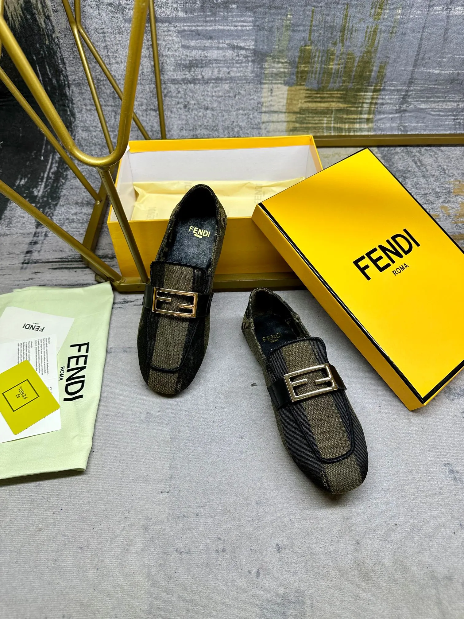 FENDI LOAFERS Stylish Client-focused service CANVAS GOLD MIX GREEN IN FENDI OLIVE BAGUETTE HARDWARE BLACK