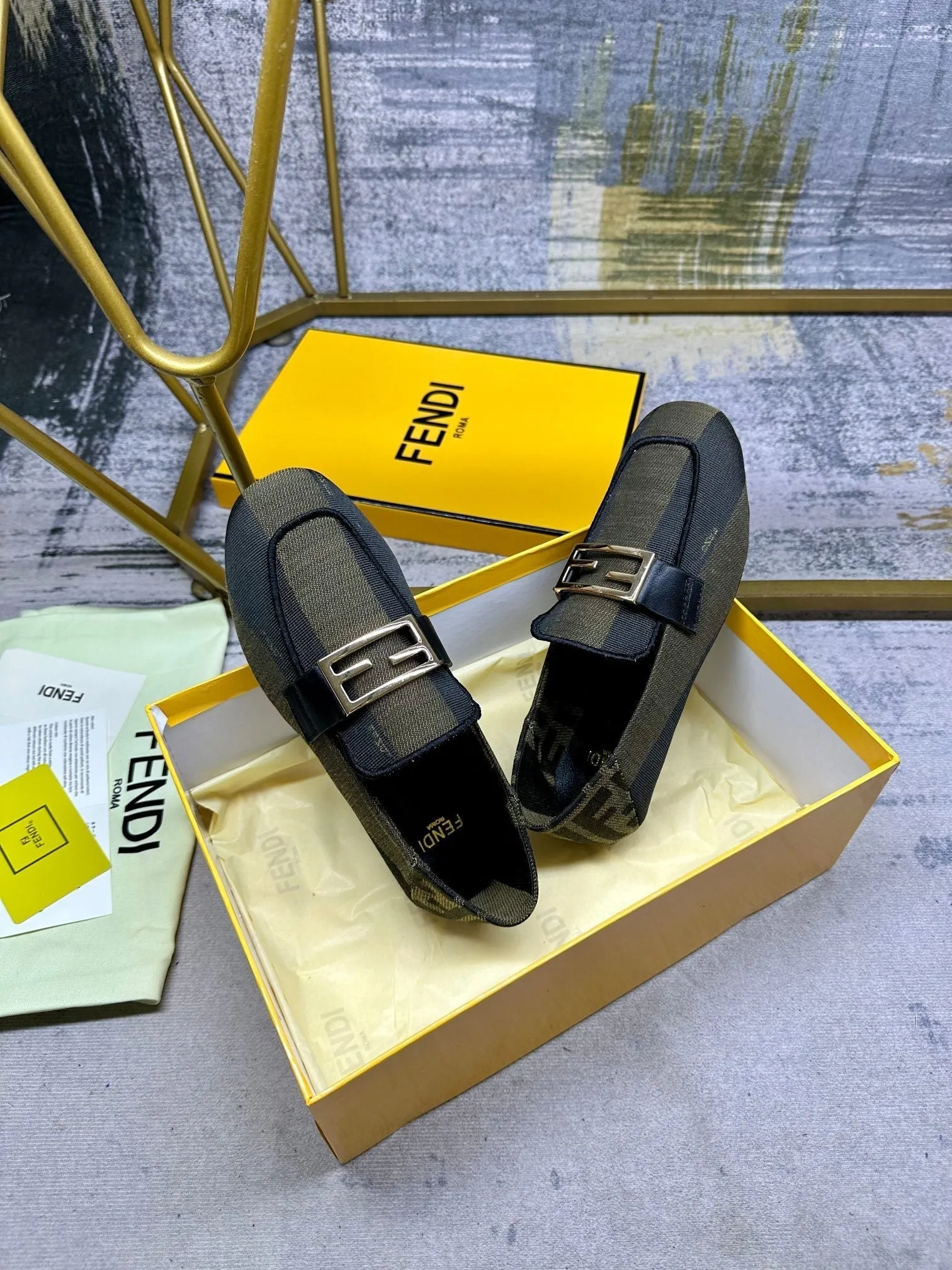 FENDI LOAFERS Stylish Client-focused service CANVAS GOLD MIX GREEN IN FENDI OLIVE BAGUETTE HARDWARE BLACK