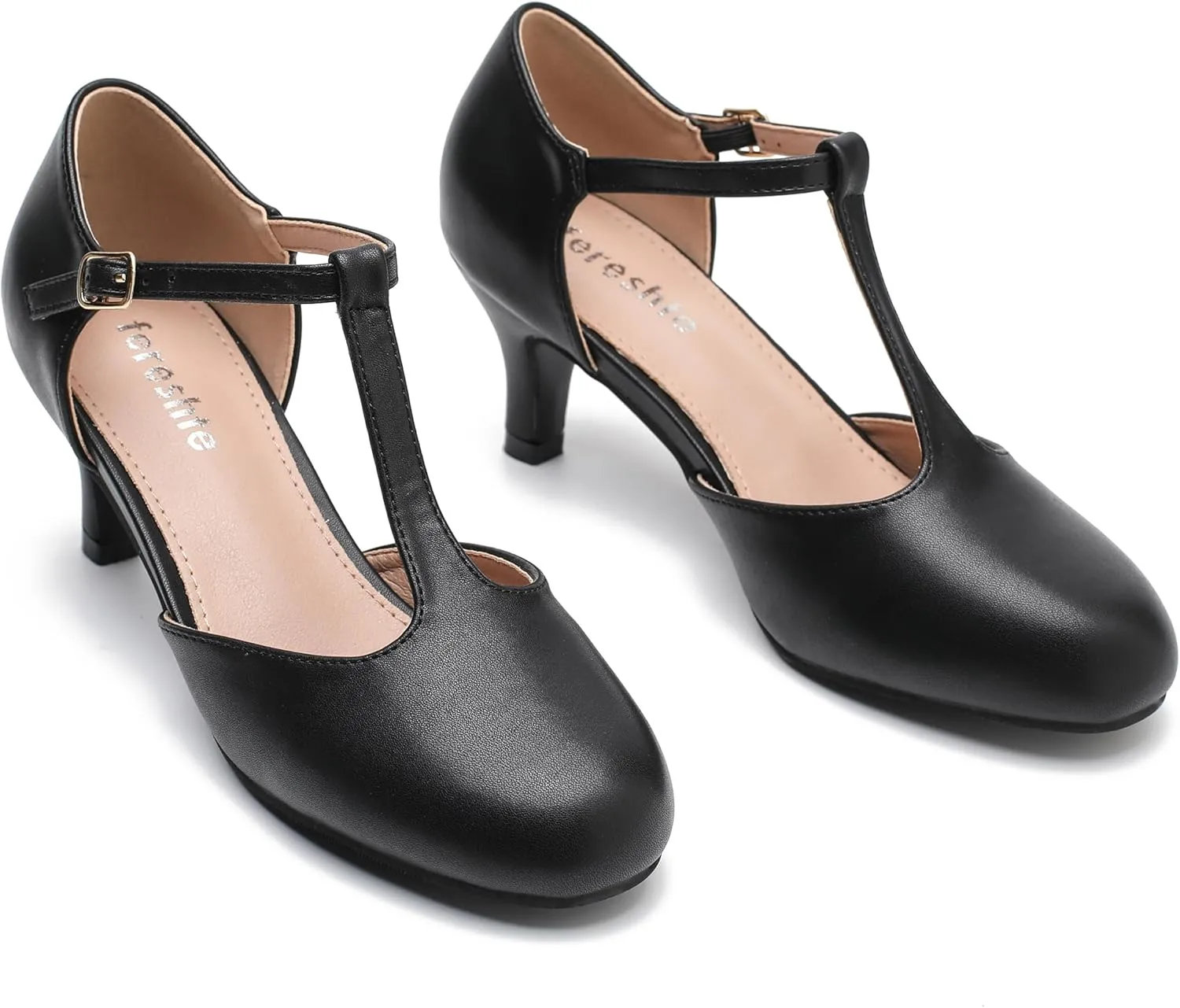 fereshte Women's T Strap Pumps Kitten Heels Retro Ankle Strap Buckle Dress Mary Jane Shoes