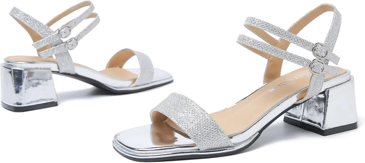 fereshte Women's Two Ankle Strap Heeled Sandals Open Toe Strappy Low Block Heels Sandals