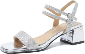 fereshte Women's Two Ankle Strap Heeled Sandals Open Toe Strappy Low Block Heels Sandals