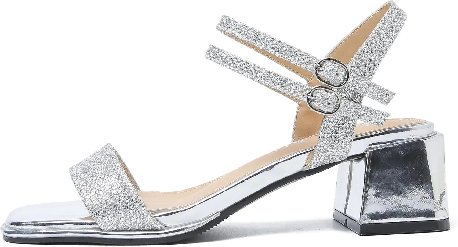 fereshte Women's Two Ankle Strap Heeled Sandals Open Toe Strappy Low Block Heels Sandals