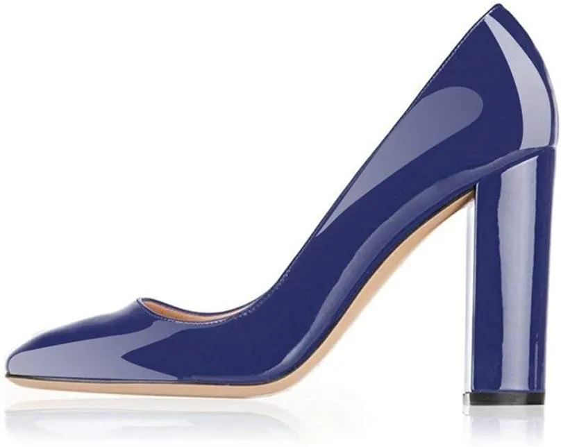 Fericzot Pumps Women Sexy Patent Leather Pointed Toe Block Heels Pumps Gorgeous Evening Party Wedding Stiletto Shoes Plus Size