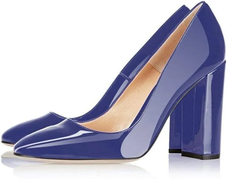 Fericzot Pumps Women Sexy Patent Leather Pointed Toe Block Heels Pumps Gorgeous Evening Party Wedding Stiletto Shoes Plus Size