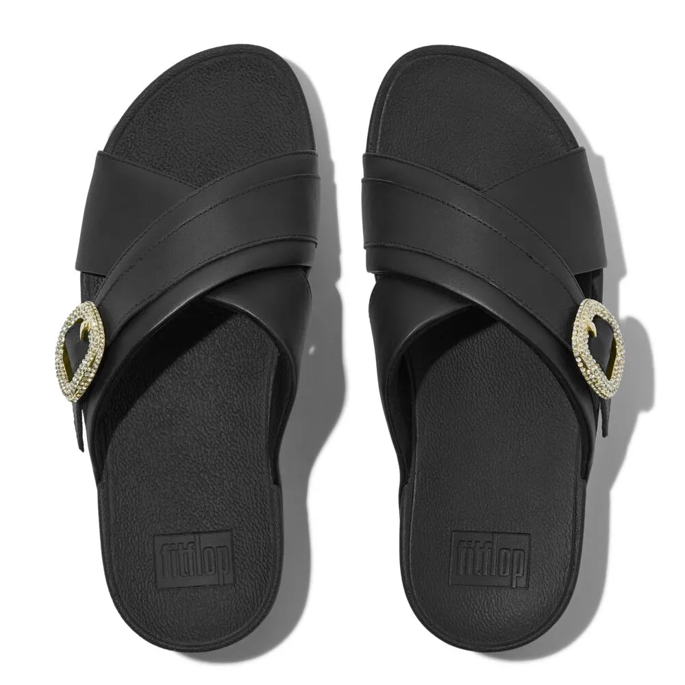 FitFlop Lulu Crystal Buckle Leather Cross Slides Sandals - Black