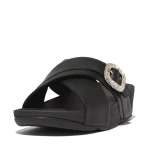 FitFlop Lulu Crystal Buckle Leather Cross Slides Sandals - Black