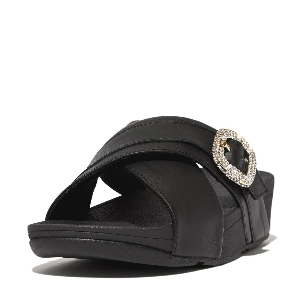 FitFlop Lulu Crystal Buckle Leather Cross Slides Sandals - Black