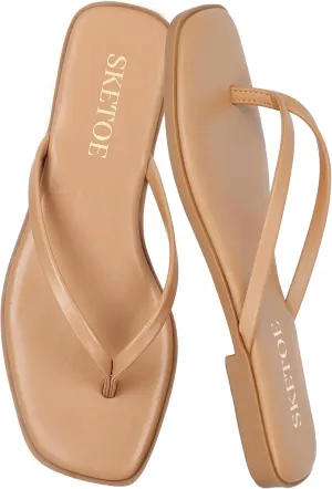 Flip Flops for Women Square Toe Flat Sandals for Women Comfortable Thong Sandals Vegan Leather Flip Flops Lightweight Summer Beach Sandals Dressy Vacation Essentials Slides