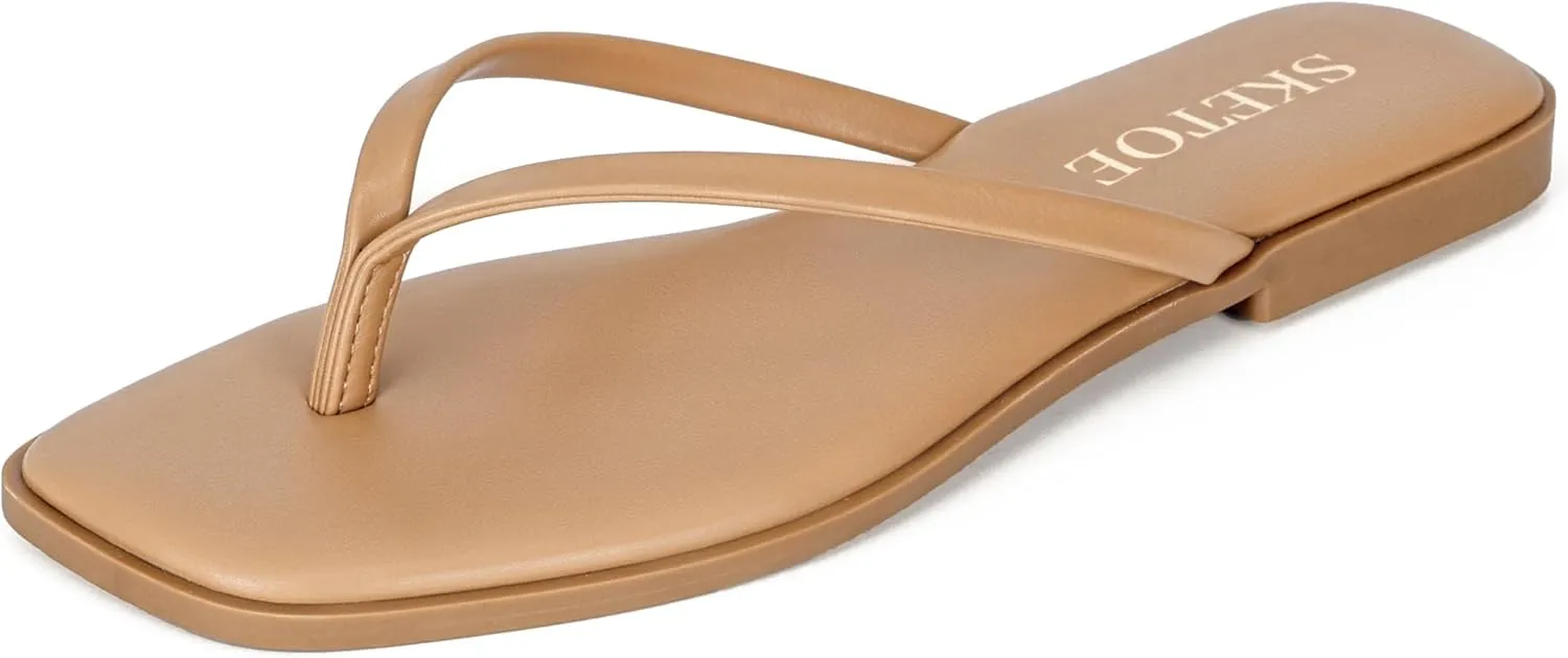 Flip Flops for Women Square Toe Flat Sandals for Women Comfortable Thong Sandals Vegan Leather Flip Flops Lightweight Summer Beach Sandals Dressy Vacation Essentials Slides