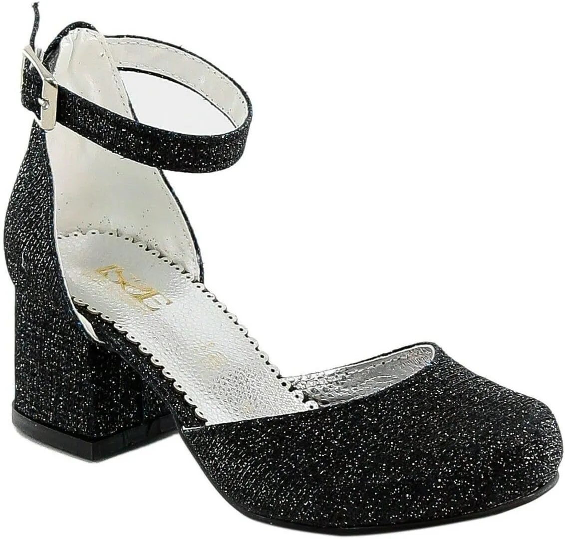 Flower Girls Communion Low Block Dress Black Shoes Chunky Heels Closed Round Toe Ankle Strap Pump, Size US Toddler 9.5
