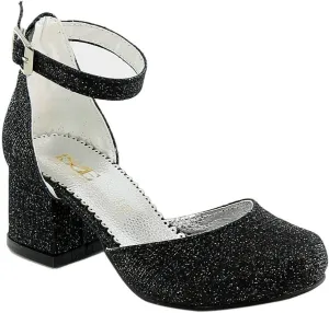 Flower Girls Communion Low Block Dress Black Shoes Chunky Heels Closed Round Toe Ankle Strap Pump, Size US Toddler 9.5
