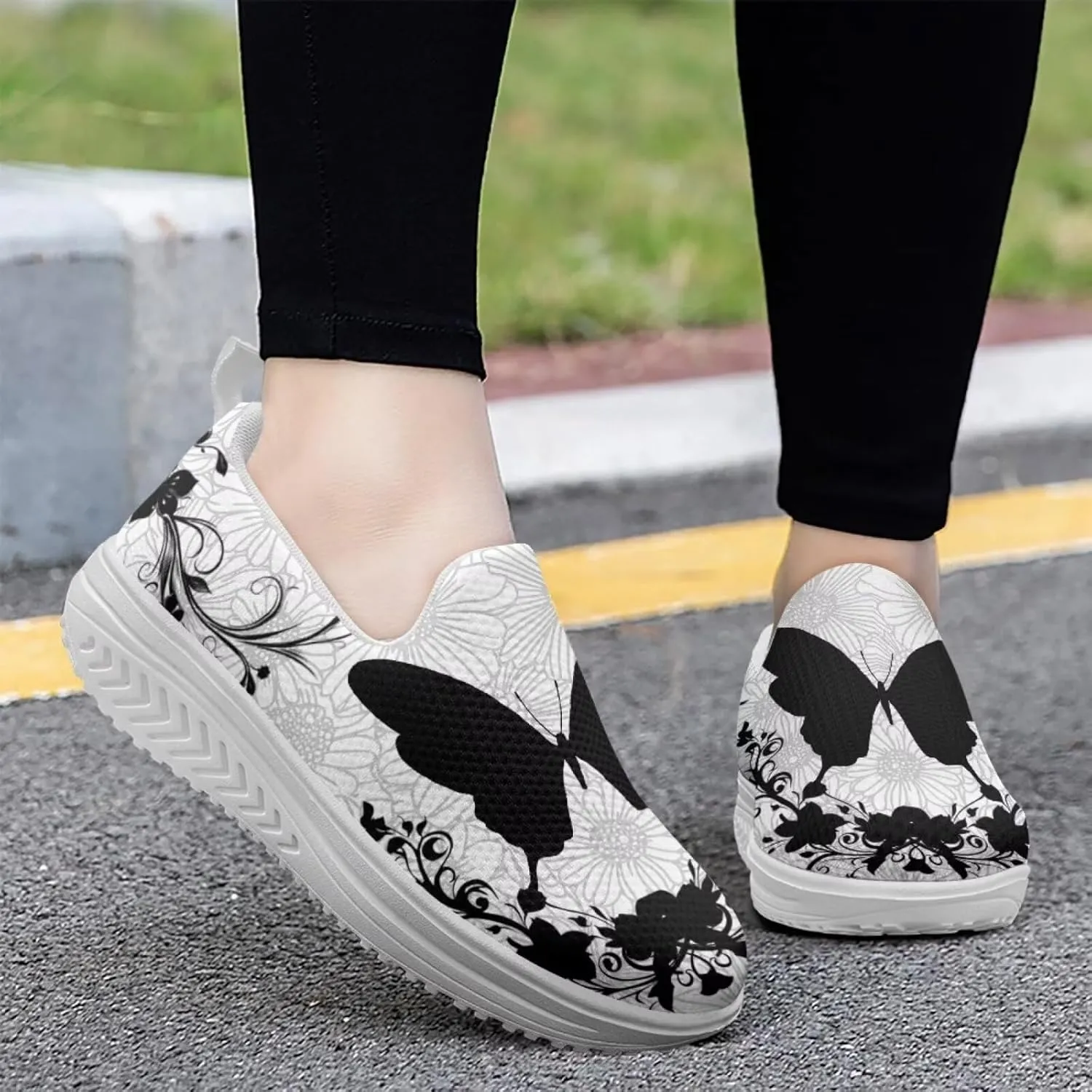 Forchrinse Womens Sneakers Slip On Wedges Shoes Comfortable Low Top Walking Shoes Breathable Thick Rocker Bottom Shoe