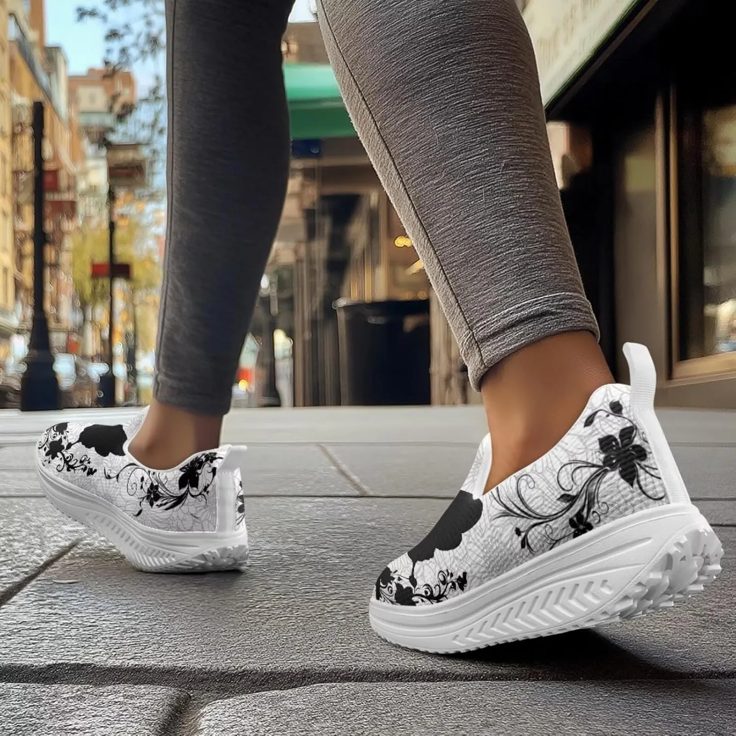 Forchrinse Womens Sneakers Slip On Wedges Shoes Comfortable Low Top Walking Shoes Breathable Thick Rocker Bottom Shoe