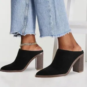 FOWT Black Pointed Toe Slip On Mules Stacked Block Heel Sandal Comfortable Shoes
