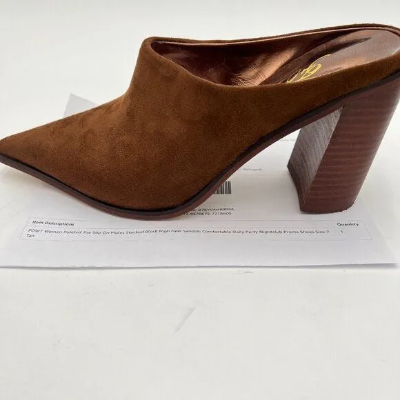 FOWT Brown Pointed Toe Mule Block High Heel Sandal Comfortable Proms Shoe