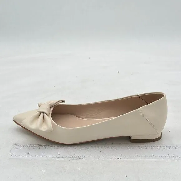 FSJ Beige Pointed Toe Bow Comfortable Slip On Ballet Cute Low Heels Dressy Pumps