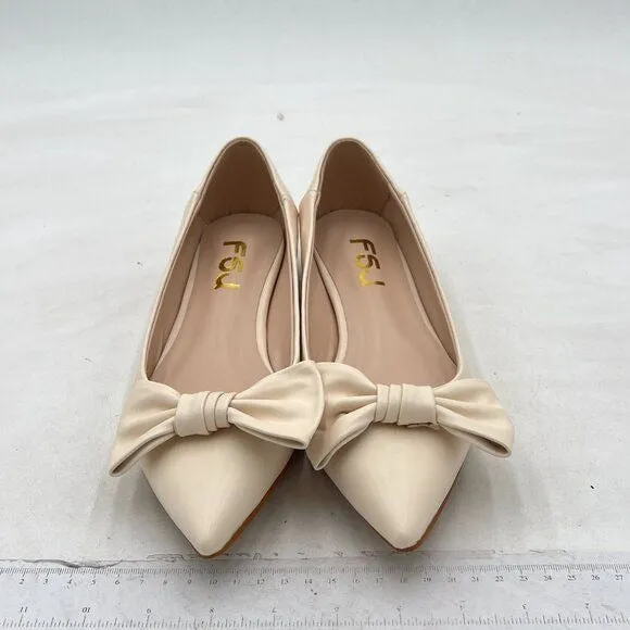 FSJ Beige Pointed Toe Bow Comfortable Slip On Ballet Cute Low Heels Dressy Pumps