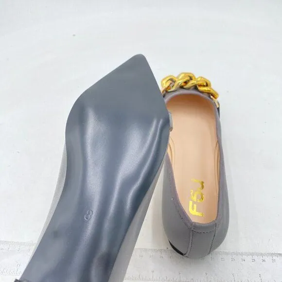 FSJ Grey Comfortable Flats Shoes Office Slip on Pointed Toe Chain Ballet Flats
