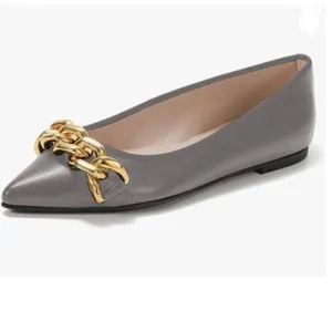 FSJ Grey Comfortable Flats Shoes Office Slip on Pointed Toe Chain Ballet Flats