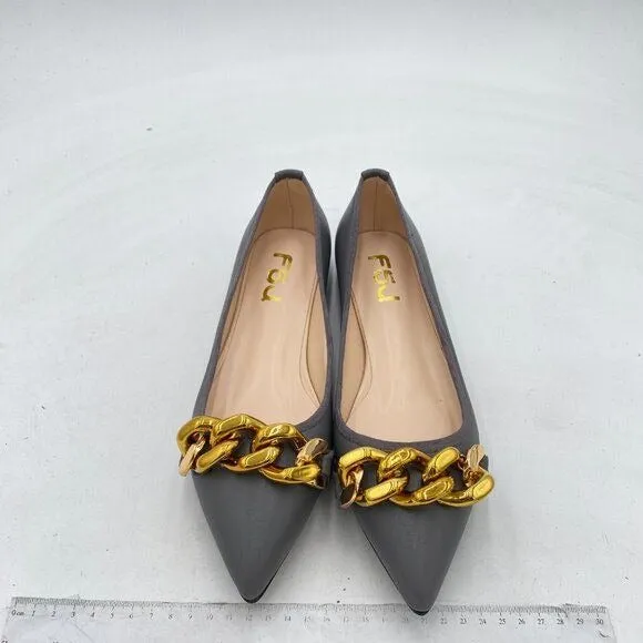 FSJ Grey Comfortable Flats Shoes Office Slip on Pointed Toe Chain Ballet Flats