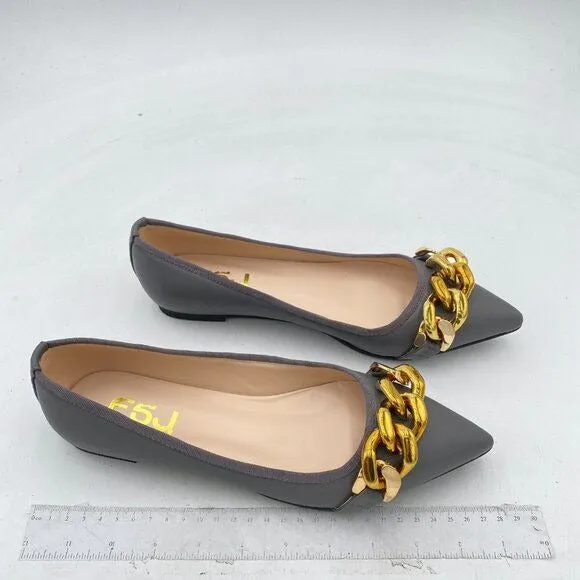 FSJ Grey Comfortable Flats Shoes Office Slip on Pointed Toe Chain Ballet Flats