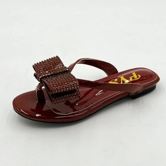 FYS Brown Jelly Thong Flat Sandal Rhinestone Bow Flip Flops Comfortable Slippers