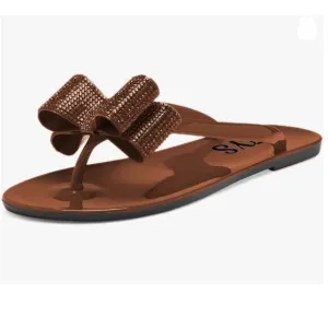 FYS Brown Jelly Thong Flat Sandal Rhinestone Bow Flip Flops Comfortable Slippers