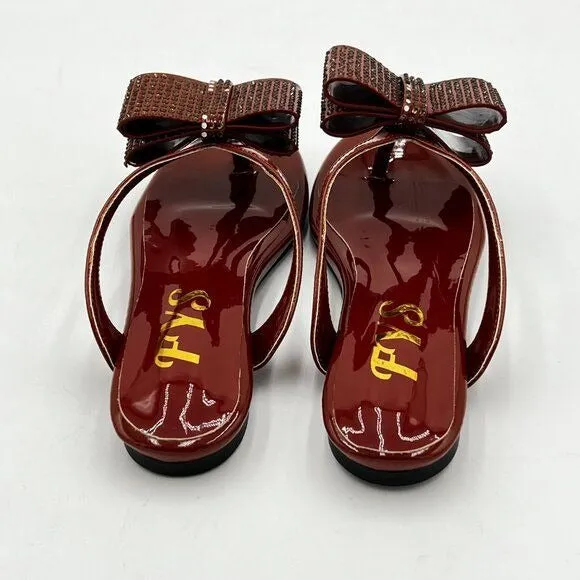 FYS Brown Jelly Thong Flat Sandal Rhinestone Bow Flip Flops Comfortable Slippers