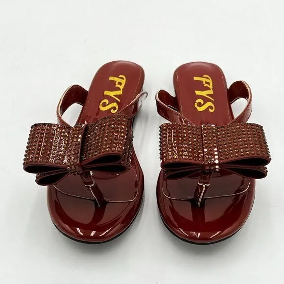 FYS Brown Jelly Thong Flat Sandal Rhinestone Bow Flip Flops Comfortable Slippers