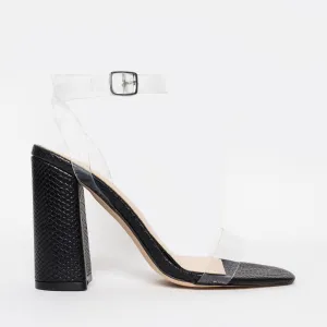 Gabriella Black Snake Clear Block Heels