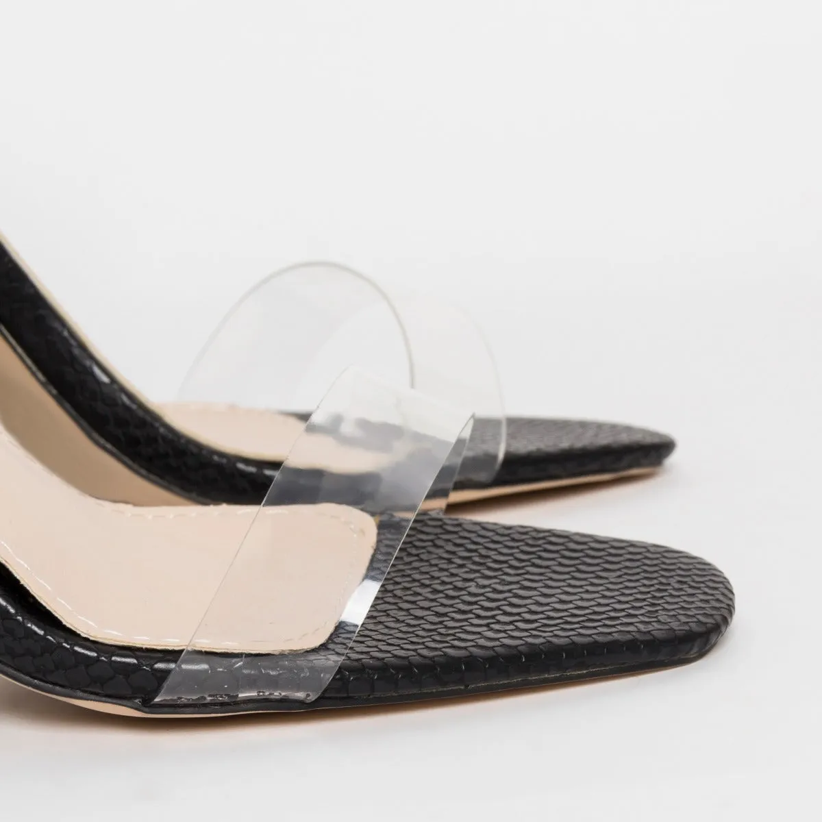 Gabriella Black Snake Clear Block Heels